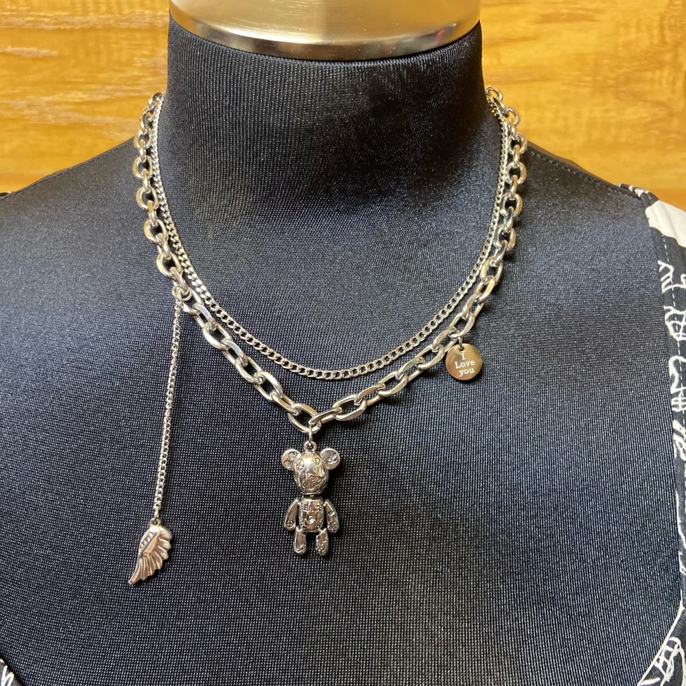 Silver Layered Necklace with Bear Pendant